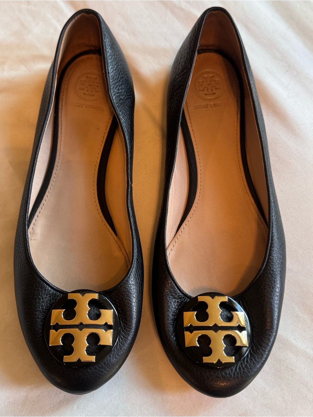 Tory Burch Black Leather Flats with Gold Logo Medallions
